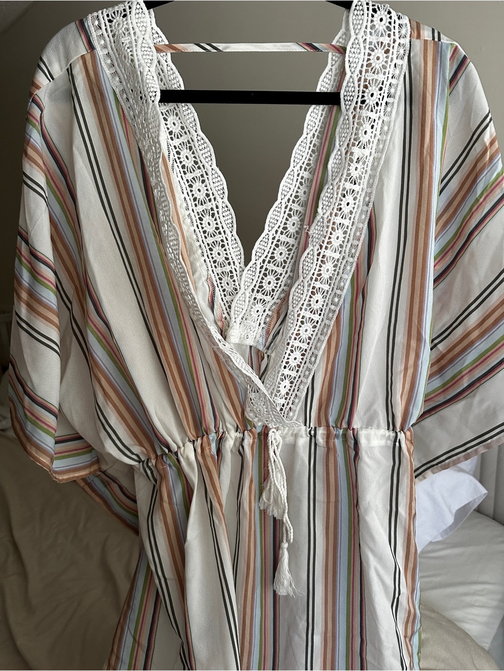 Cupshe White Crochet Trim Cover-Up with Multicolor Stripes